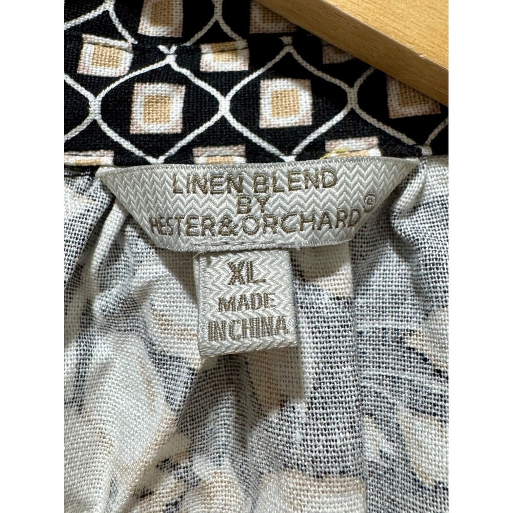 Hester & Orchard Linen Blend Floral Button Up Shirt Black Tan XL Short Sleeve - Picture 3 of 4